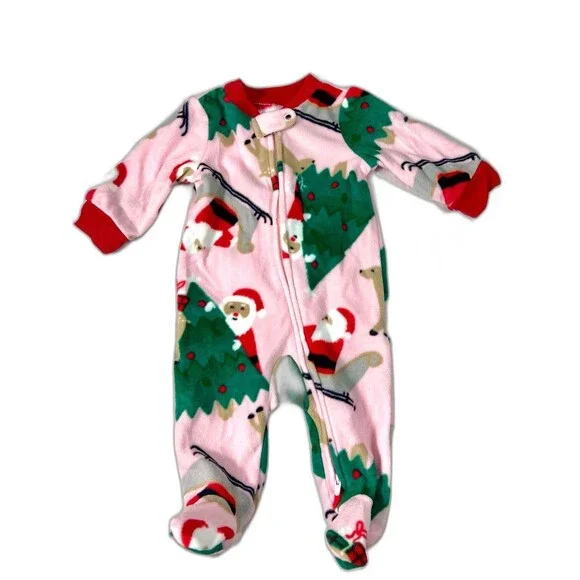 Carters Baby Girls Pink Fleece Christmas Santa Footed Pajamas Sleepers 3M NEW