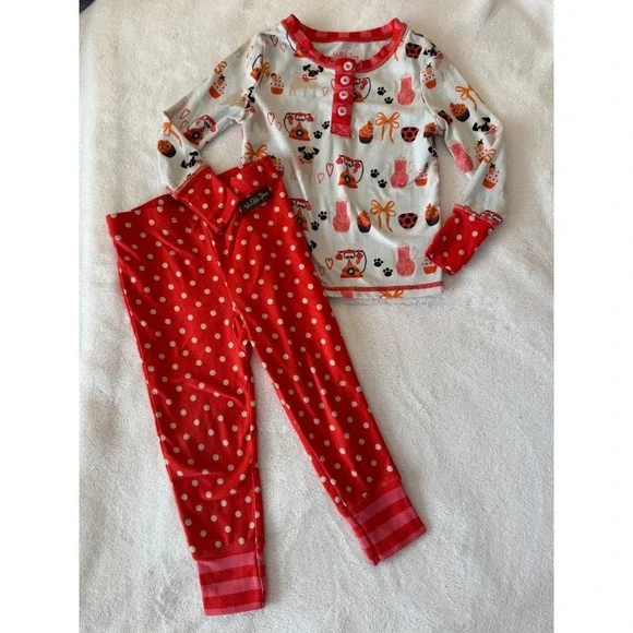 Matilda Jane PUG CUPCAKE Pajama Set Kids Girls Long Sleeve Pants Red White