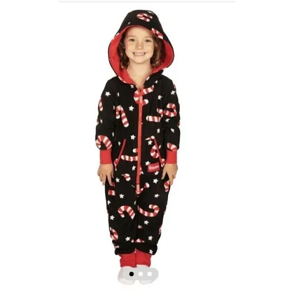 TIpsy Elves Candy Cane Lane Jumpsuit Boys or Girls Sz XS Black Red Full Zip