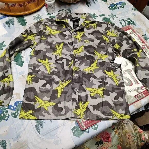 New Joe Boxer Flannel Gray Camo Jets Pajama Set Boy's M 8