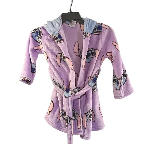 Disney Stitch Girls XS (4/5) Hooded Fleece Robe Purple Graphic Print Long Sleeve