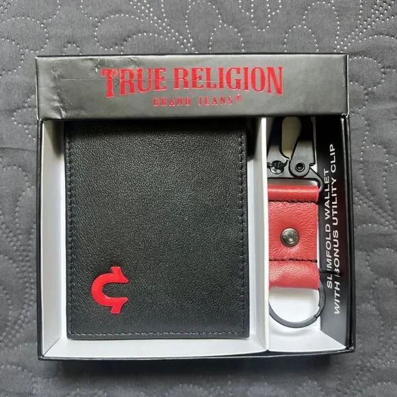 True Religion RFID Marcus Slim Bifold Wallet & Key Clasp Gift Set Limited NWT