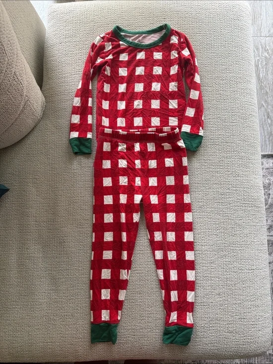 Caden Lane Red & White Checkered Kids Pajama Set with Green Trim