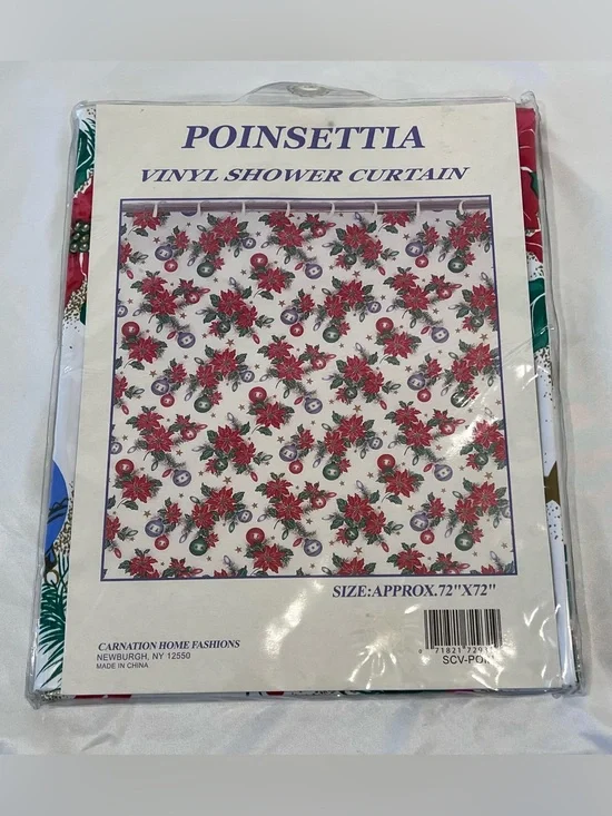 Vintage Christmas Poinsettia Vinyl Shower Curtain NOS 72x72