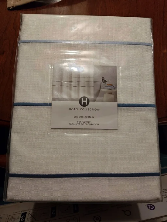 Hotel Collection White Shower Curtain with Light Blue Stripe