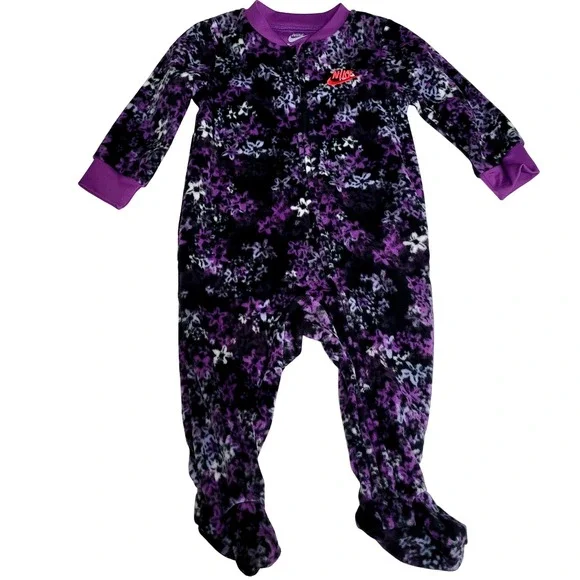 Nike Baby Girls‎ Fleece Footed Pajamas Jumpsuit Purple Floral Print Size 9M NWT