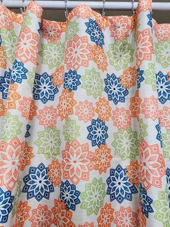 2pc Shower Curtain Floral Medallion in Coral, Navy & Sage With Metal Hooks New
