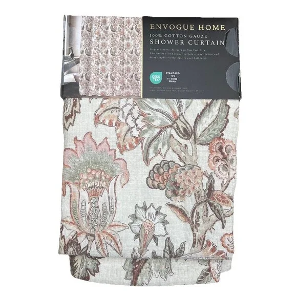 ENVOGUE HOME SHOWER CURTAIN FLORAL 100% COTTON Gauze Fall Green Rusty Brown New