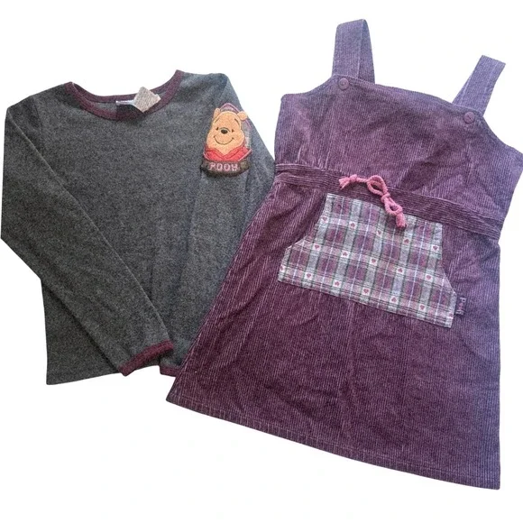 Vintage‎ Disney Winnie the Pooh Girls Purple Corduroy Jumper Dress Set Size 6X