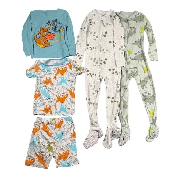 Carter's Reshinee Toddler Boys Dinosaur Pajamas Lot 3T 4T Bamboo‎ Footed PJs 5pc