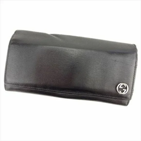 Auth Gucci Wallet Purse Long Wallet G logos Black Silver leather Mens