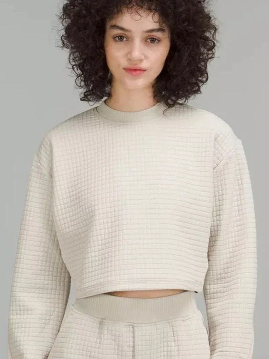 lululemon athletica Quilted Crewneck Sweatshirt in Light Beige with Neon Trim