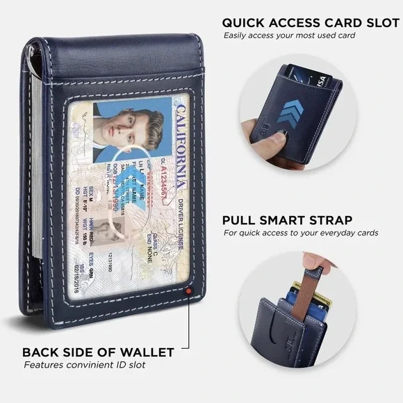 Serman Brands Leather RFID Blocking Slim Bifold Wallet Altlantic Blue Minimalist