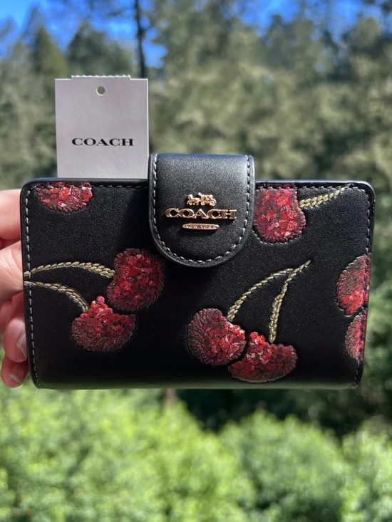 COACH Medium Black Leather Wallet w Red Sequin Cherry Print & Gold Hardware NWT
