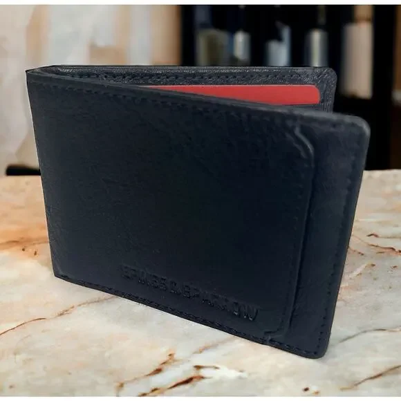 Spikes and Sparrow Mens Black Leather Classic Bifold Wallet Slim Cards ID Window