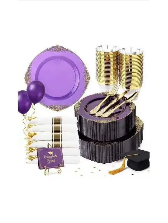 350 Pieces Purple/Gold Plastic Plates & Cutlery Set for 50 Guests - New in Box