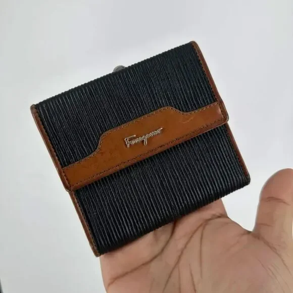 Vintage Ferragamo Ribbed Canvas Leather Tri-fold Wallet W/ Coin Pouch