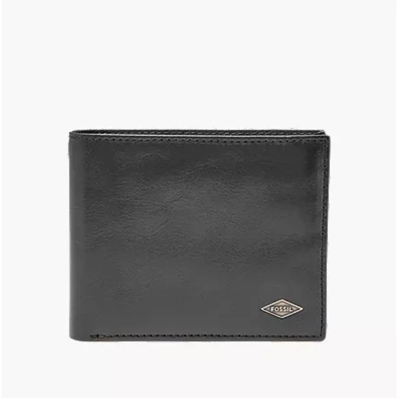 Fossil Mens Black Leather Bifold Wallet‎ with Flip ID Window Diamond Logo