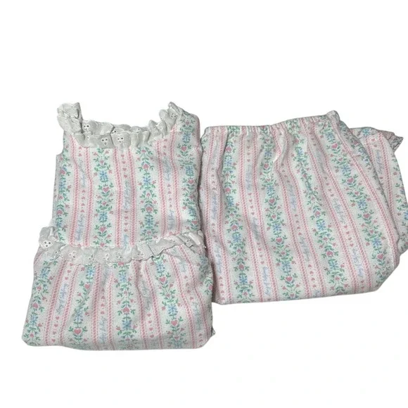 Vintage Lanz of Salzburg Girls Pajama Set Size 14 Floral Stripe Ruffle Pink Blue