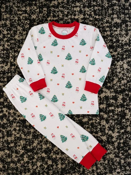 Smocked Company Kids Holiday Santa & Tree Pajama Set - White with Red Trim