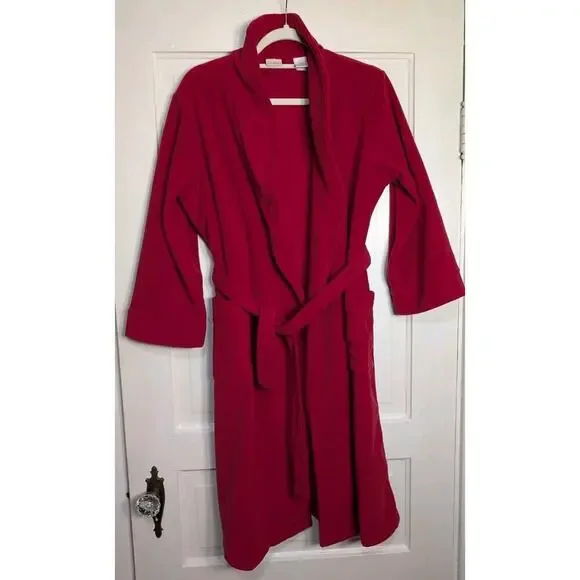LL BEAN Red Fleece Long Robe + Tie Pockets Shawl Collar KIDS L(14/16)(904)