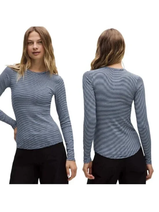 NWT Lululemon Athletica Hold Tight Long Sleeve Striped Blouse Blue Size: 10