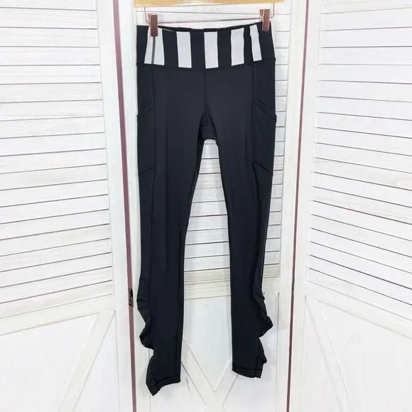 Lululemon‎ Speed Ruched Ankle Striped Waist Leggings Black White 4