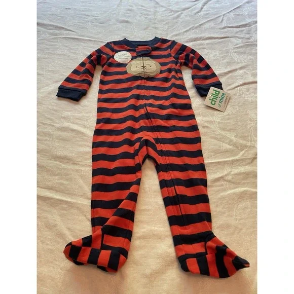 CHILD OF MINE BY CARTER'S BABY  FOOTED Red Blue Strip SLEEPER SIZE 6-9 Mths Lion