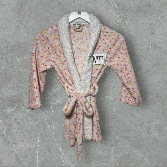 Rae Dunn Kids Girls Sprinkle Print Plush‎ Robe Size S 5/6 Pink White Sweet