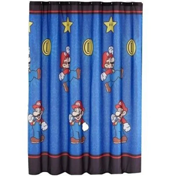 NINTENDO Mario Bros Fabric Shower Curtain Kids Video Games FREE HOOKS Blue