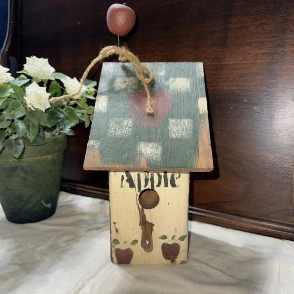 Decorative Wooden Bird‎ House Green Color Features Squares Colors, Apple On Top