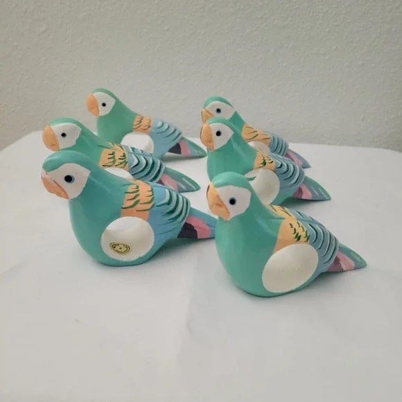 Vtg Wooden Parrot Napkin Rings 6 Pastel Hand Carved Painted Birds Philippines
