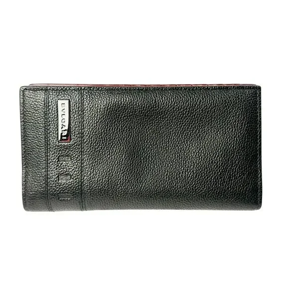 BVLGARI Black Pebbled Calfskin Leather Long Bifold Wallet Unisex‎ Metal Logo