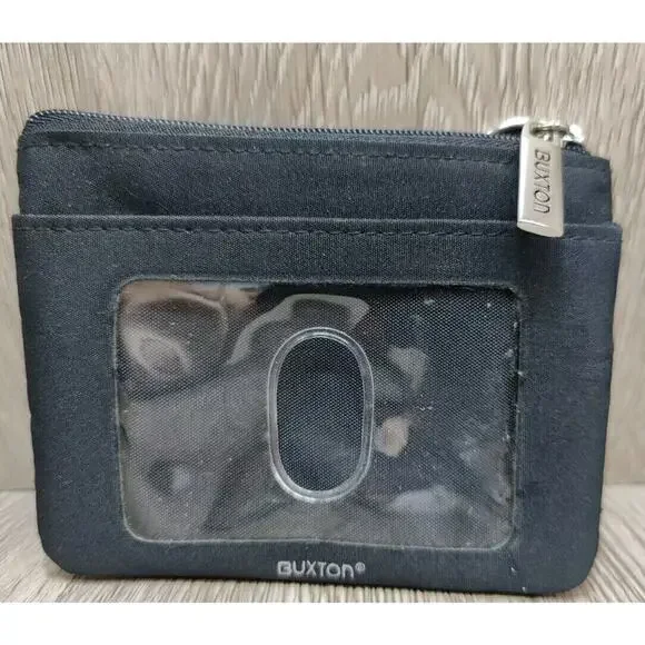 Buxton Wallet ID Card Leather Black‎ compact minimalist Zip Pouch