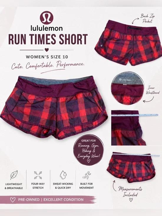 Lululemon Run Times Shorts – Women’s Size 10 – Red Plaid Running Athletic Shorts