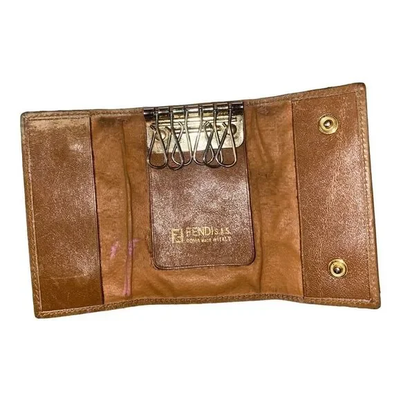 🔑 Vintage‎ FENDI Italy Leather Key Holder Wallet 6-Hook Snap Closure