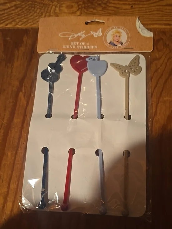 ❤️10/$20 Dolly Parton Set of 4 Drink Stirrers - Red, Blue, Light Blue, Gold