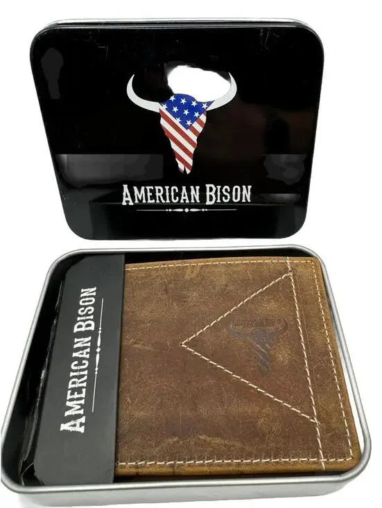 American Bison Brown Leather Bi-Fold Wallet with American Flag Logo
