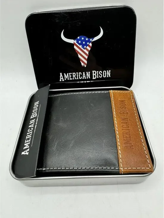 American Bison Black and Brown Leather Wallet with Tin Box