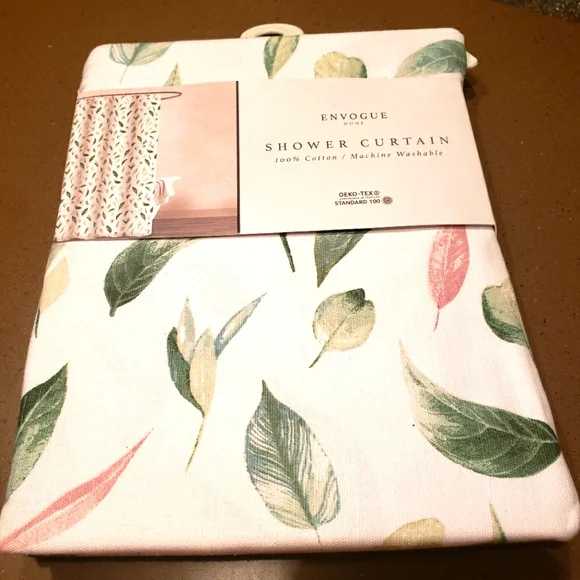 White With Green & Pink Leaves Shower Curtain