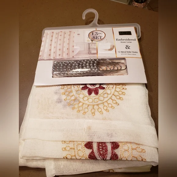 Ivory Shower Curtain With Beige & Burgundy Embroidery