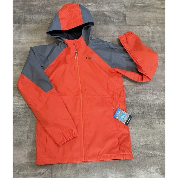 New Columbia Rain Jacket Youth XL‎ Orange Gray Water Wind Resistant Hooded Hood