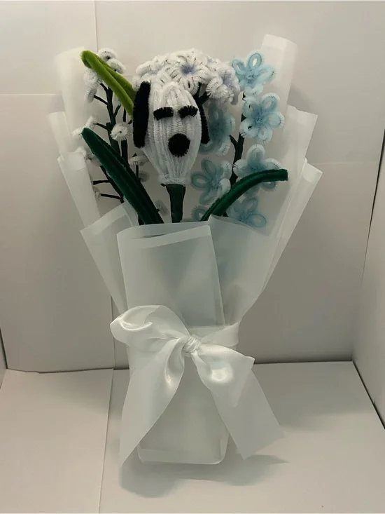 Handmade Chenille Pipe Cleaner Flower Bouquet - White, Light Blue, Green