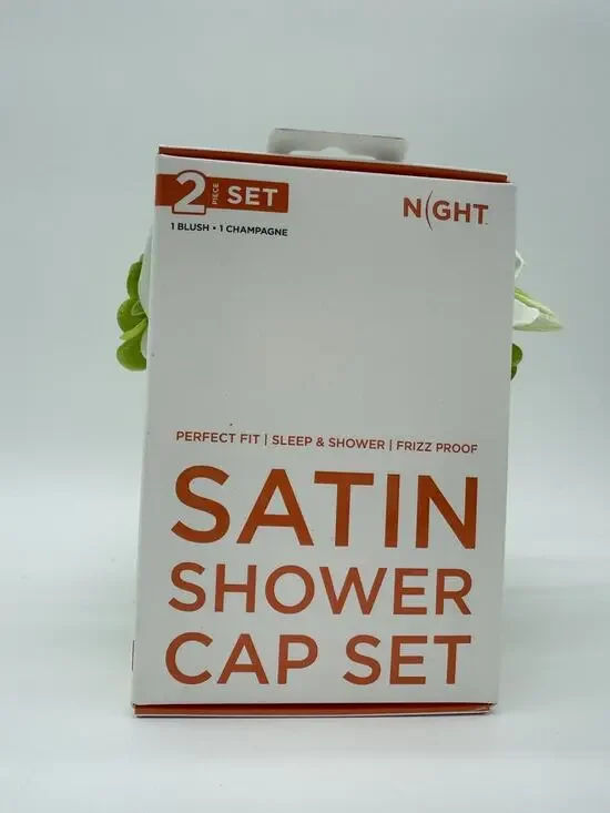 Satin Shower Cap in Champagne & Blush Frizz Steam Proof Perfect Fit Set of 2