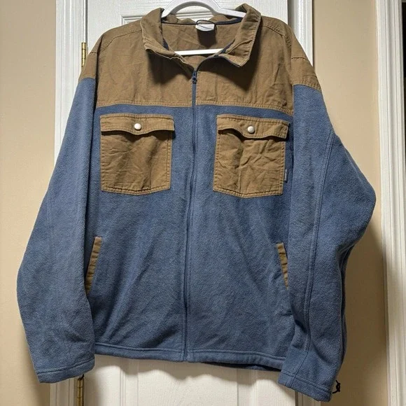 Men's XXL‎ Columbia Full Zip Jacket Tan Canvas Blue Fleece
