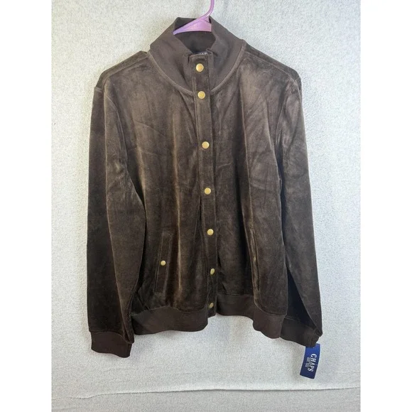 Chaps Jacket Mens Large Brown Central Park Velvet Bomber Snap Front Casual