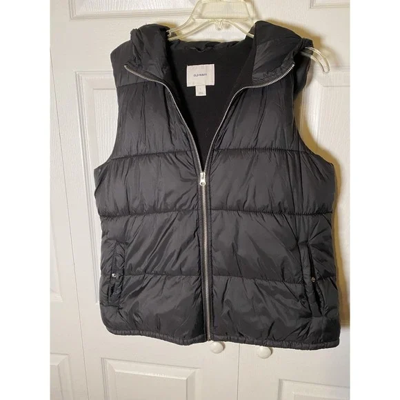 Old Navy Men's Black Quilted Puffer Vest‎ Hooded Full Zip Size L