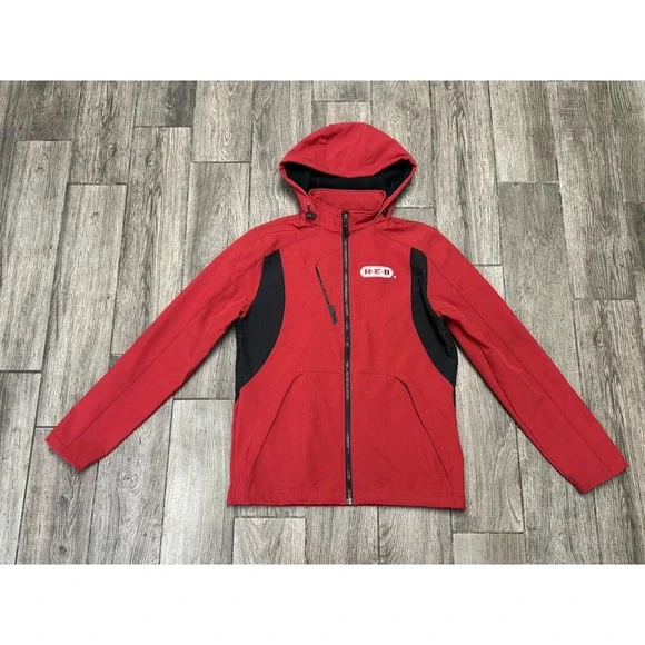 H-E-B Jacket Mens Medium Red Black Hooded Softshell Fleece Lined Full Zip Logo