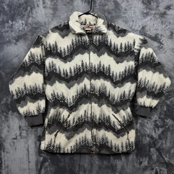 Canadiana Fleece Jacket Mens Medium Grey Pine Tree Mountain Full Zip Vintage