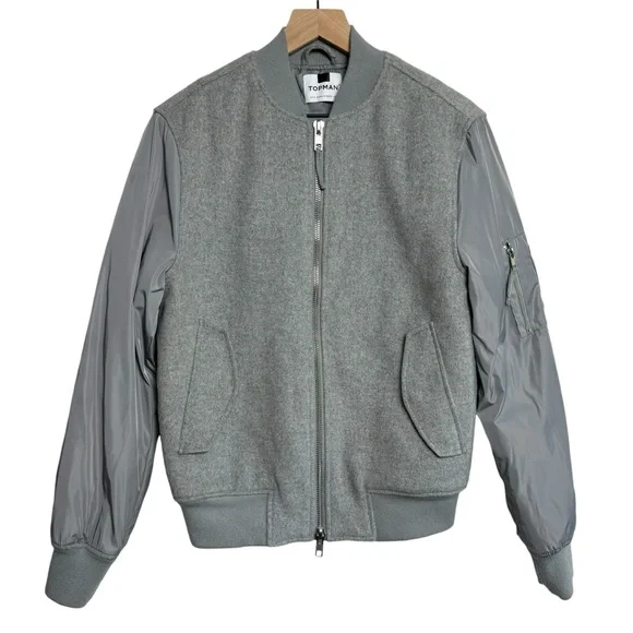 Topman Men’s Wool with Polyester Sleeves Bomber Jacket‎ Size Small Gray